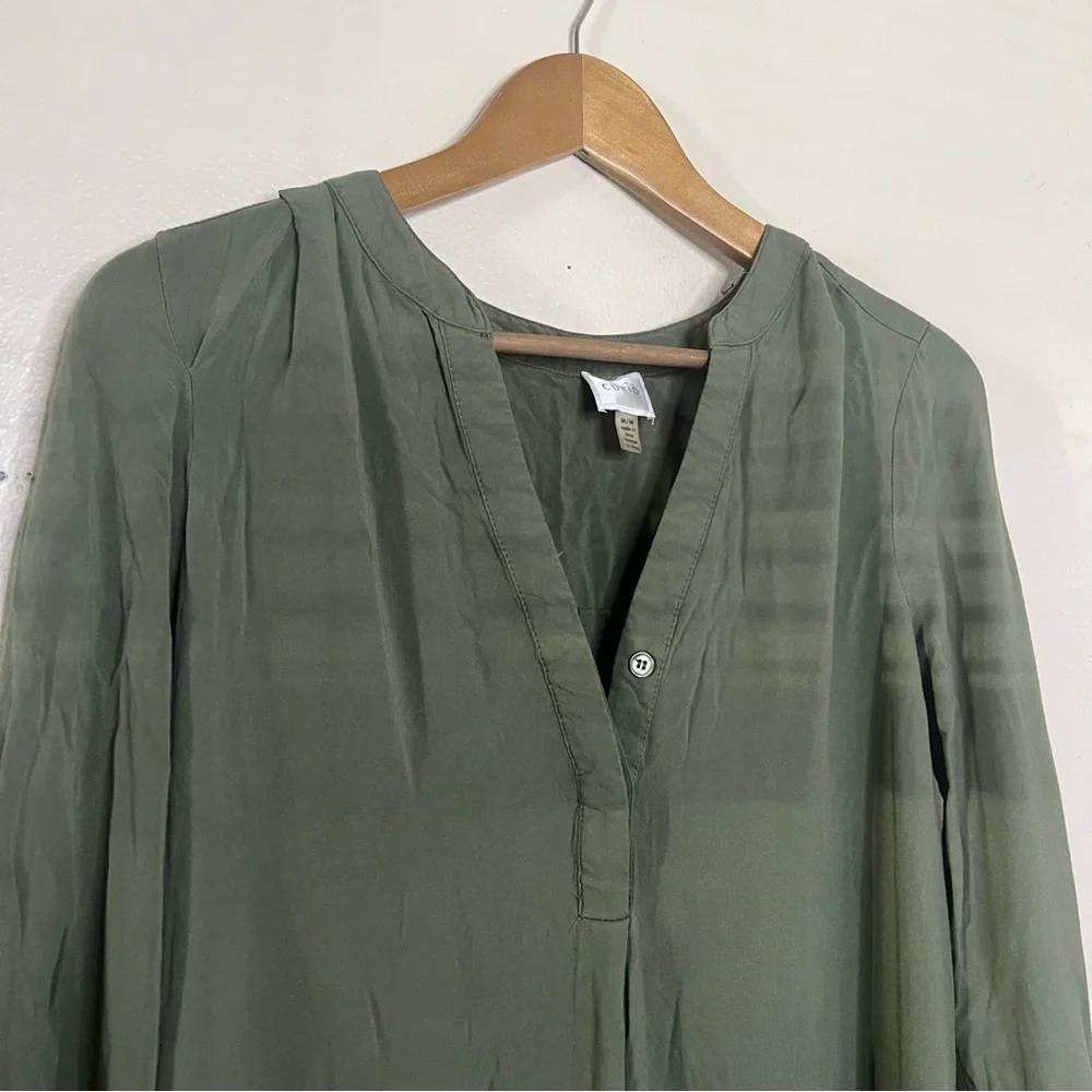 Cupio Sage Green Shirt Dress 3/4 Sleeve Size M V Neck High Low Oversized Midi - Picture 2 of 10